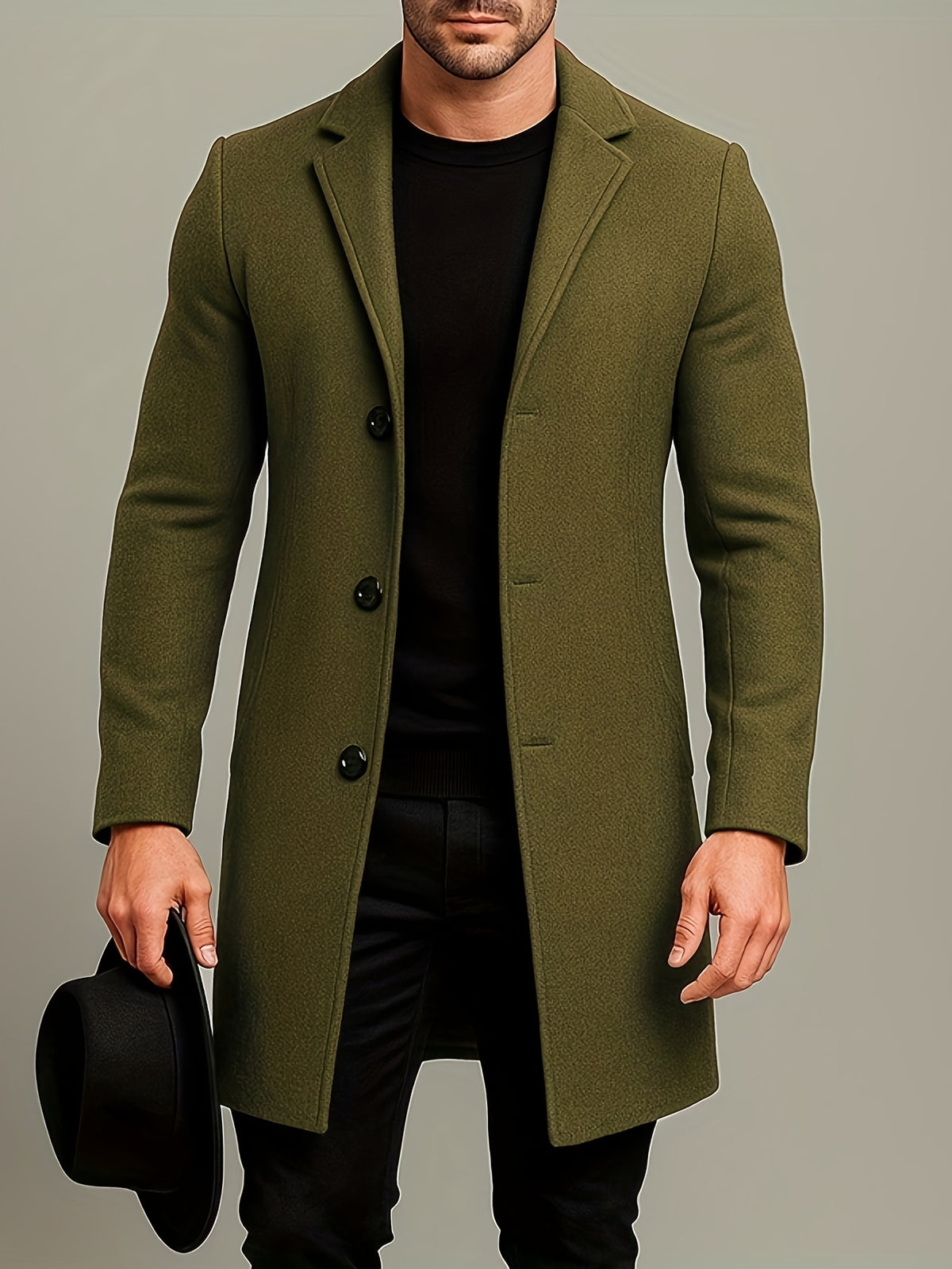 SOLID COLOUR MID LENGTH OVERCOAT FOR MEN