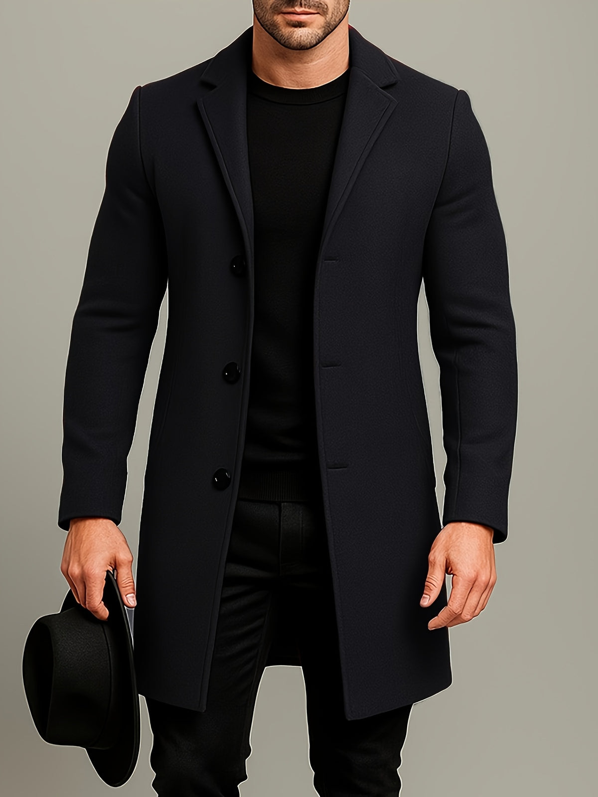 SOLID COLOUR MID LENGTH OVERCOAT FOR MEN