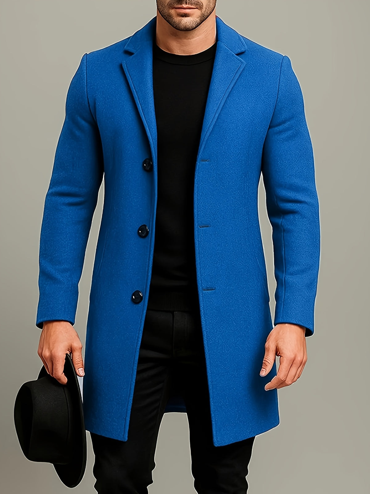 SOLID COLOUR MID LENGTH OVERCOAT FOR MEN