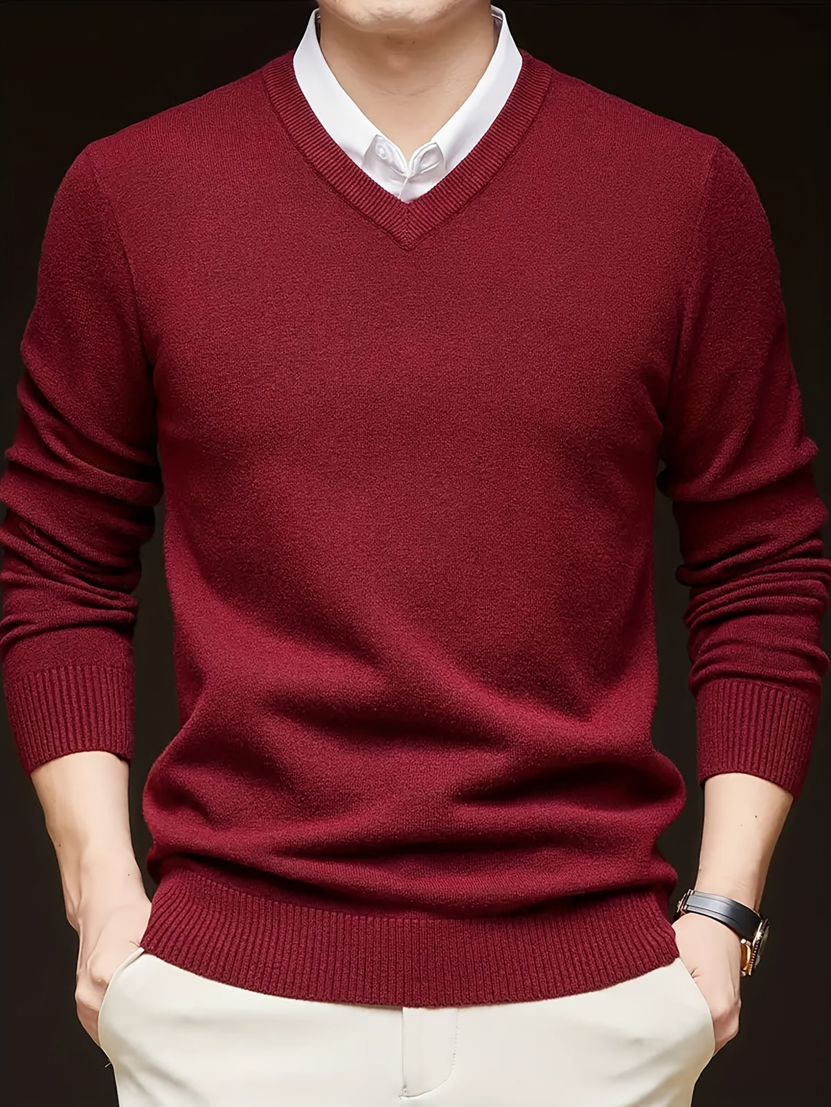 SOLID V-NECK KNIT SWEATER FOR MEN