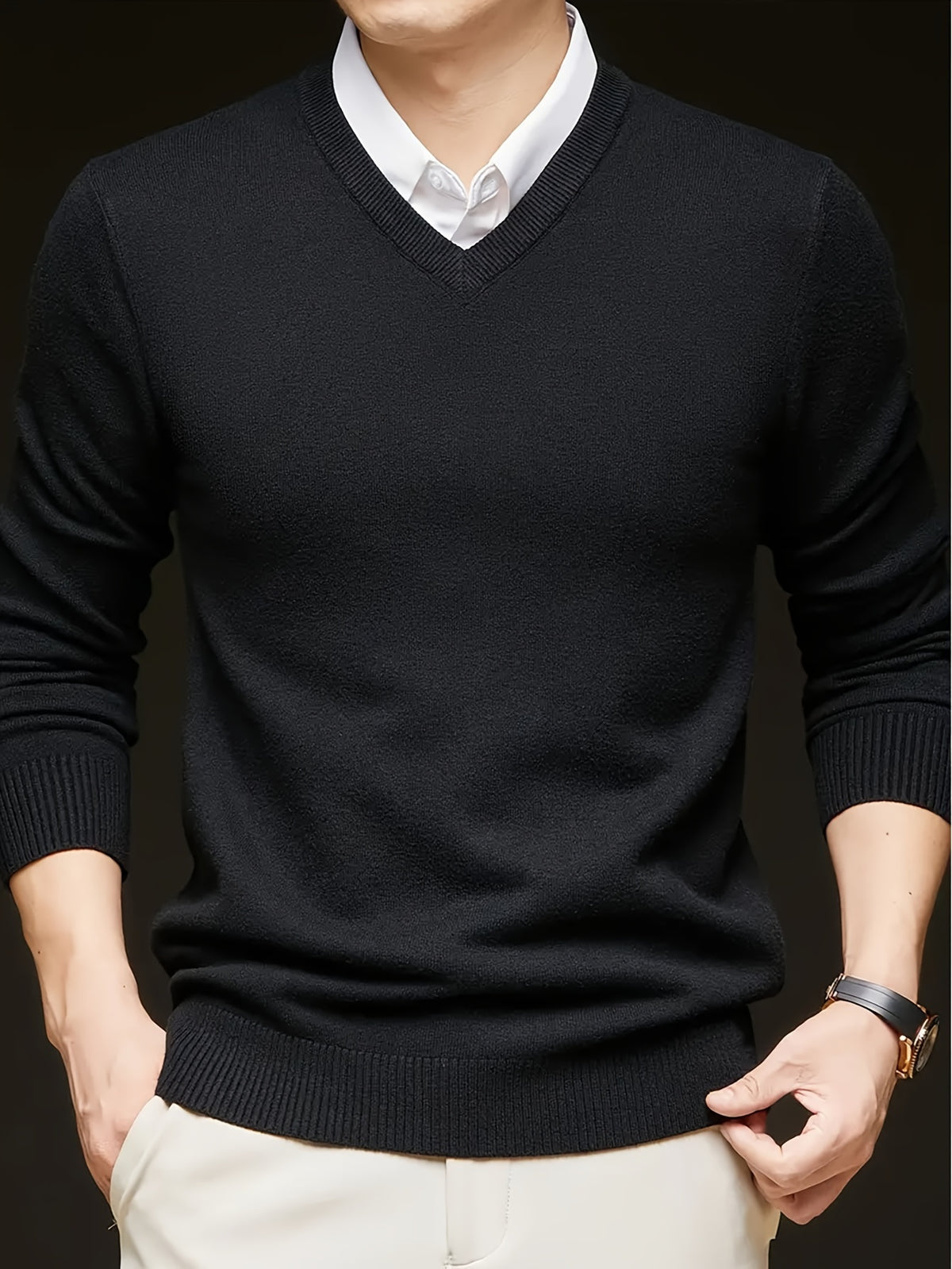 SOLID V-NECK KNIT SWEATER FOR MEN