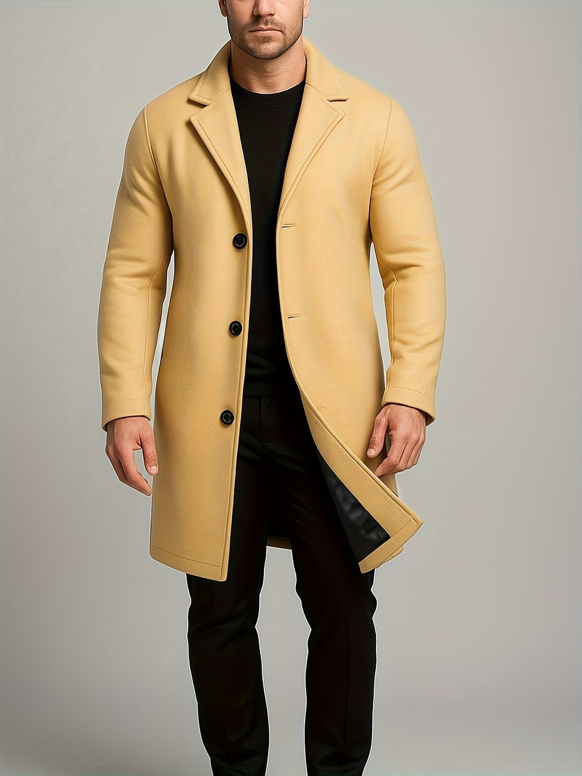 SOLID COLOUR MID LENGTH OVERCOAT FOR MEN