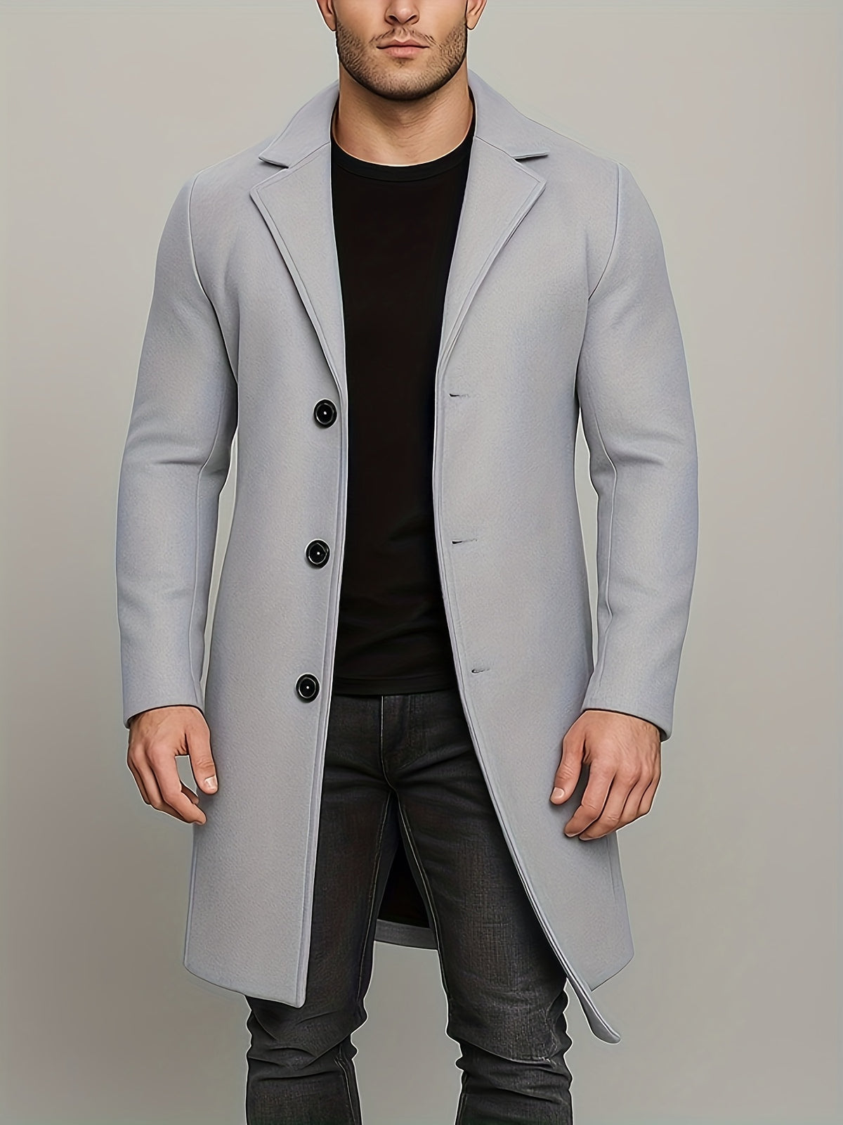SOLID COLOUR MID LENGTH OVERCOAT FOR MEN