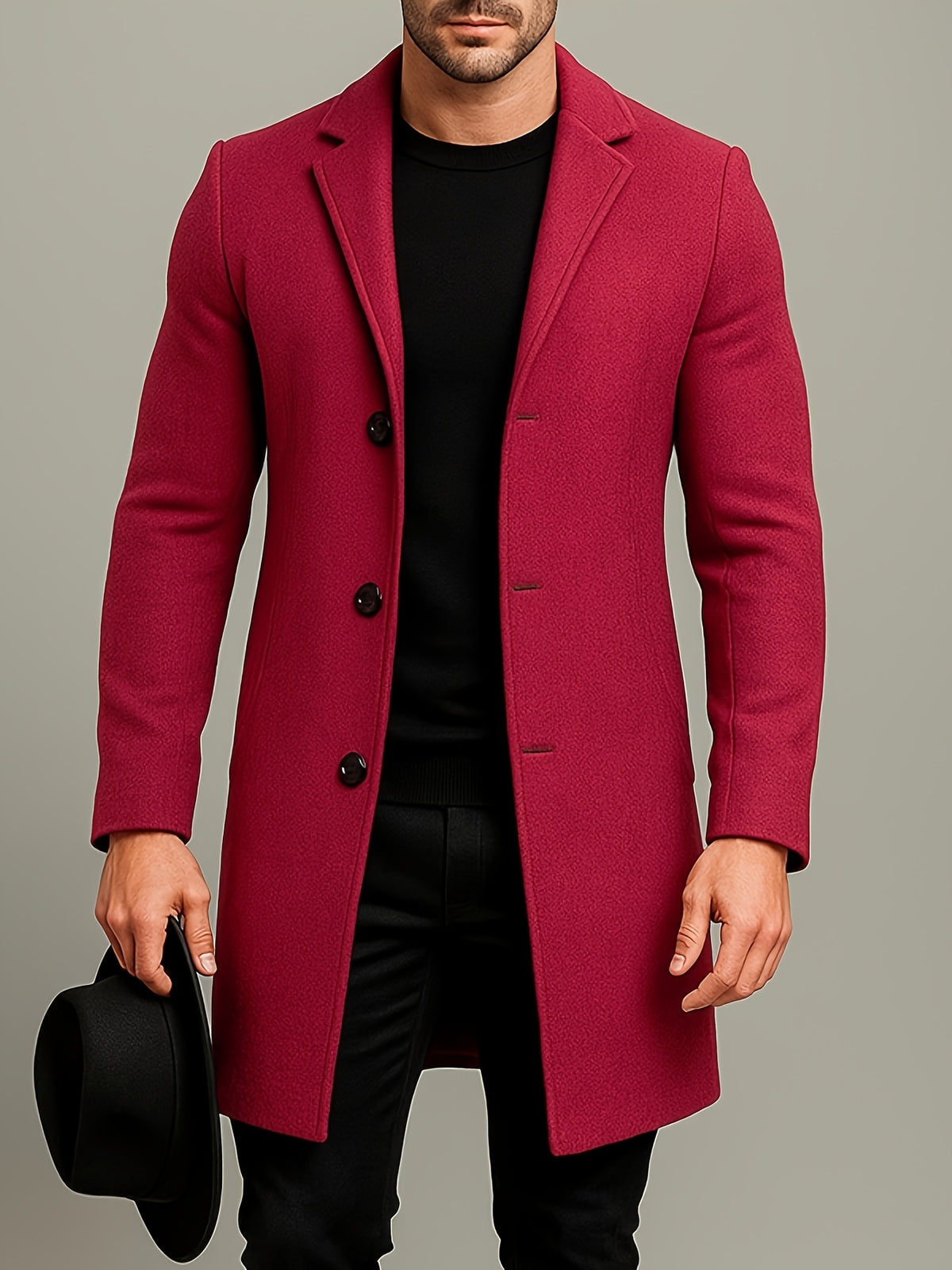 SOLID COLOUR MID LENGTH OVERCOAT FOR MEN