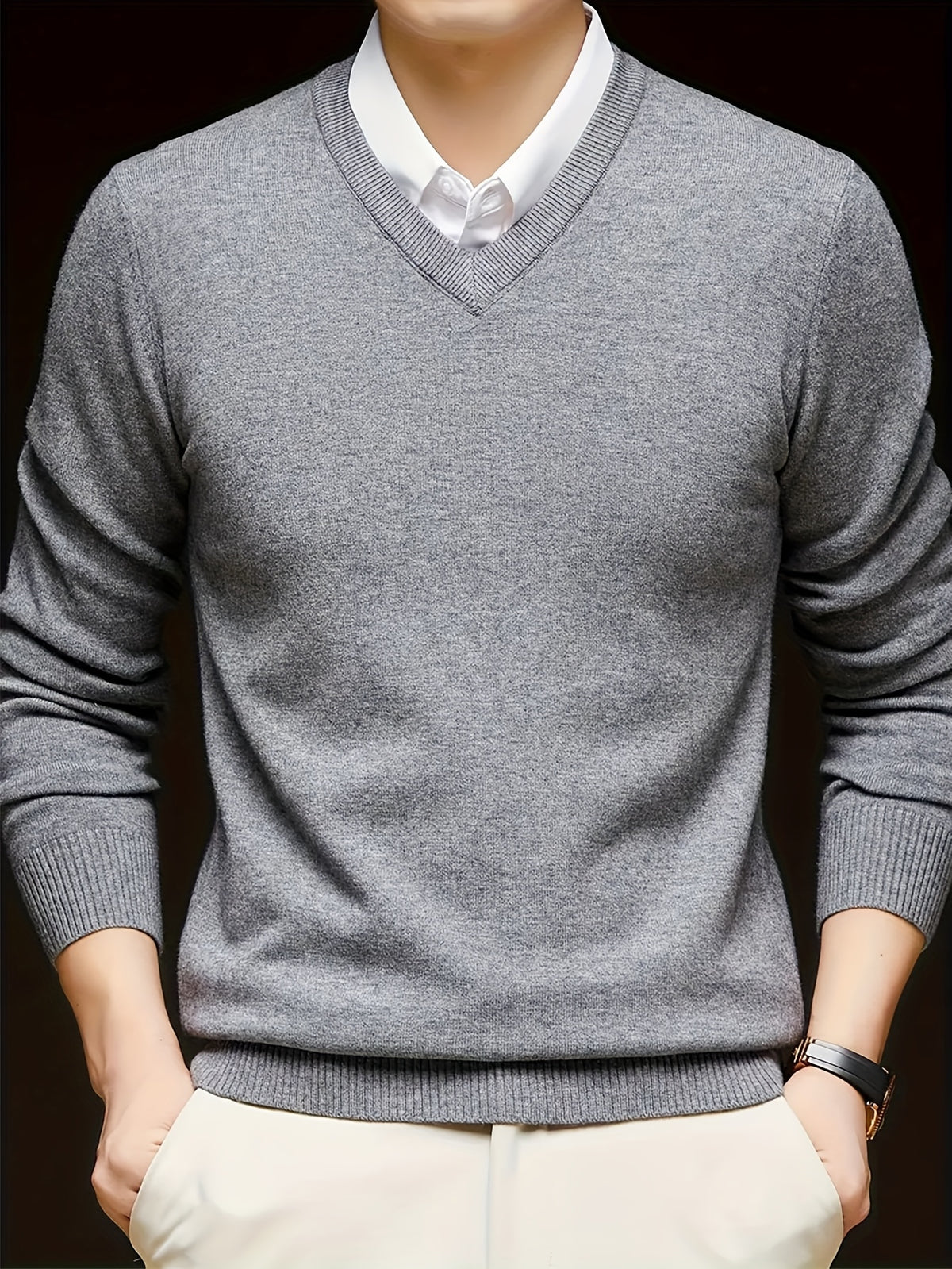 SOLID V-NECK KNIT SWEATER FOR MEN