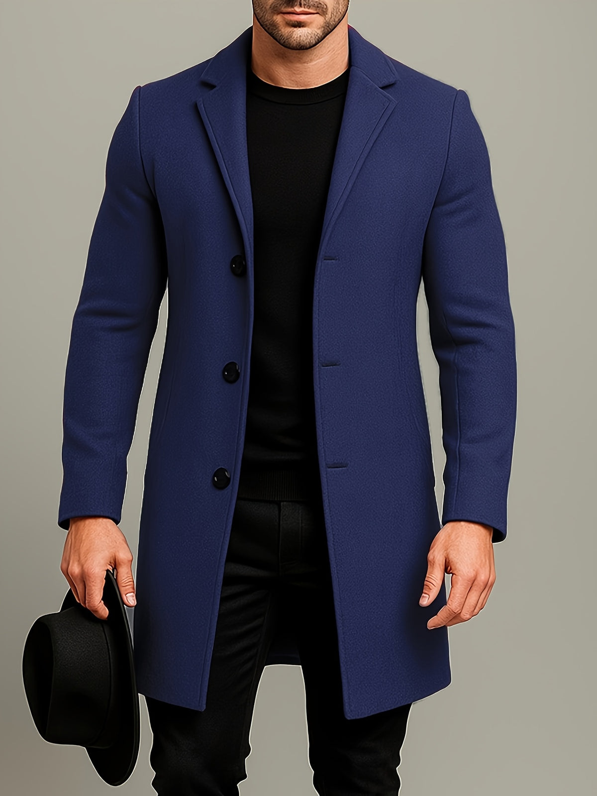 SOLID COLOUR MID LENGTH OVERCOAT FOR MEN